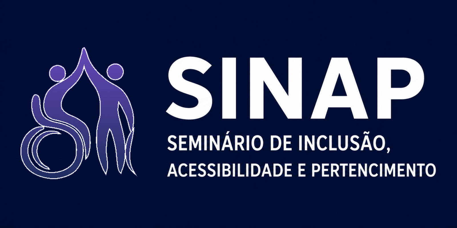 Logotipo do SINAP sobre fundo azul-marinho. � esquerda, h� um s�mbolo estilizado em tons de azul e roxo com duas pessoas: uma est� em uma cadeira de rodas; a outra est� em p� ao lado dela, com uma das m�os unida � m�o da pessoa na cadeira de rodas e, com a outra, segurando uma bengala. � direita, a sigla ?SINAP? aparece em letras grandes e brancas. Abaixo, tamb�m em branco, est� escrito ?Semin�rio de Inclus�o, Acessibilidade e Pertencimento?.
